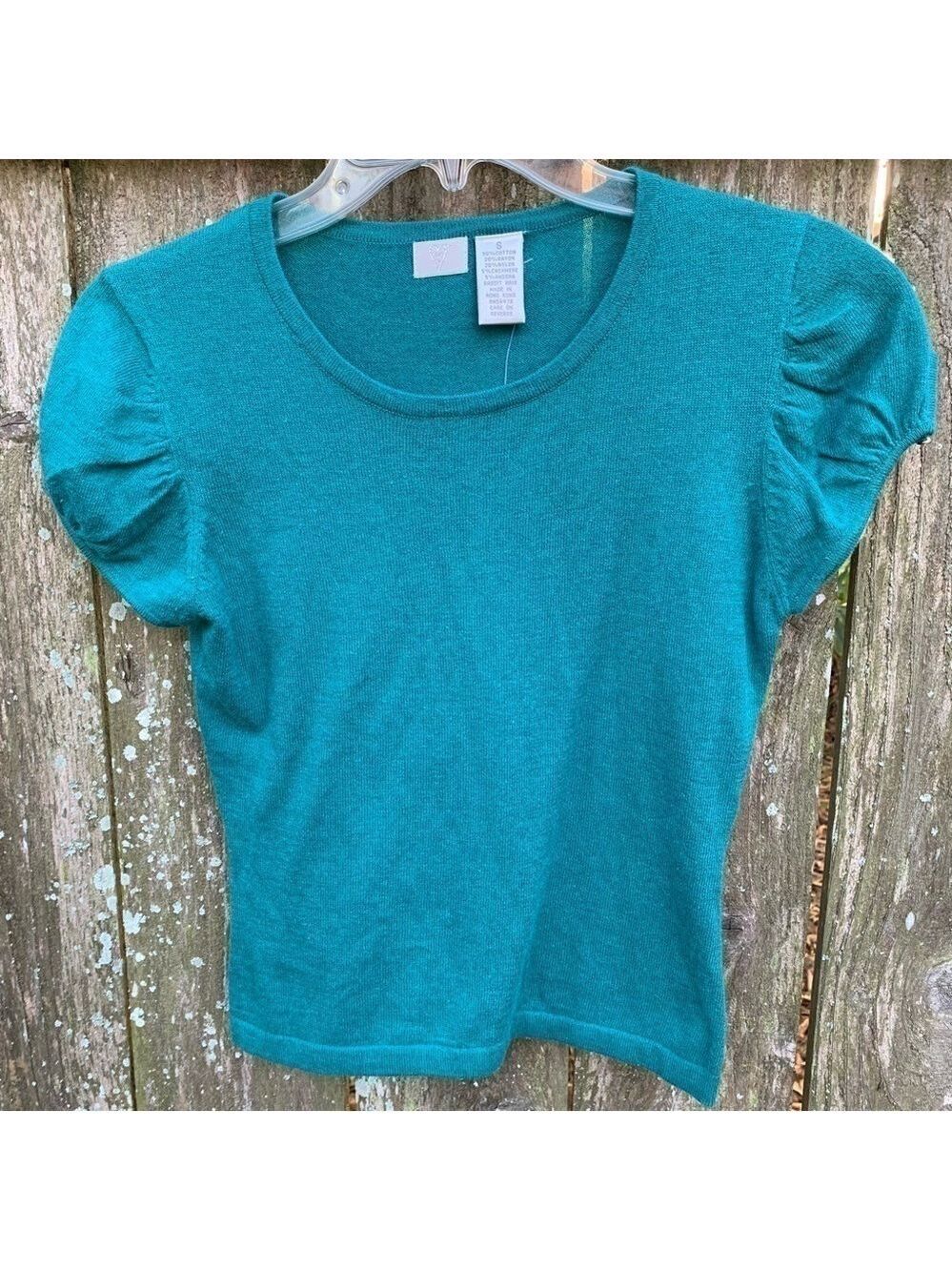 HEART Short Sleeve Sweater Top Blue Green Puff Sleeve Cotton Cashmere